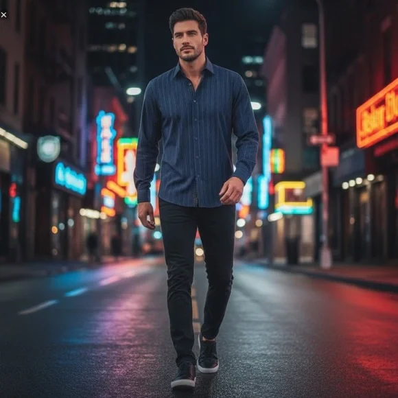 Thomas Dean Men’s Button-Down Shirt L • Navy Multi Stripe • Contrast Cuffs - Picture 1 of 13